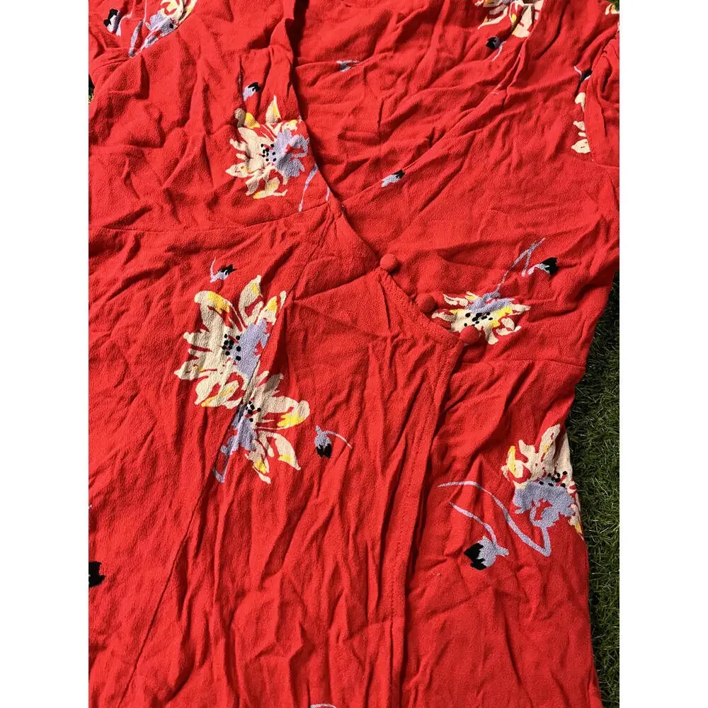 Free People‎ Red Floral Wrap Dress Size Small Bell 3/4 sleeve Mini
